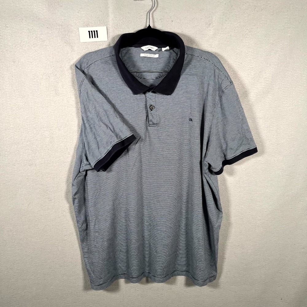 Calvin‎ Klein Liquid Touch Polo Shirt Mens 2XL White Navy Striped Golf Tennis